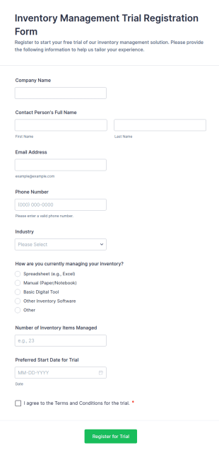 Inventory Management Trial Registration Form Template