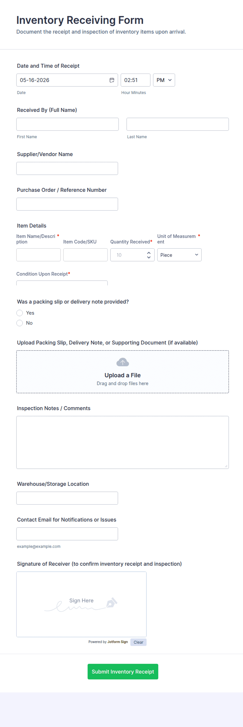 Inventory Receiving Form Template | Jotform