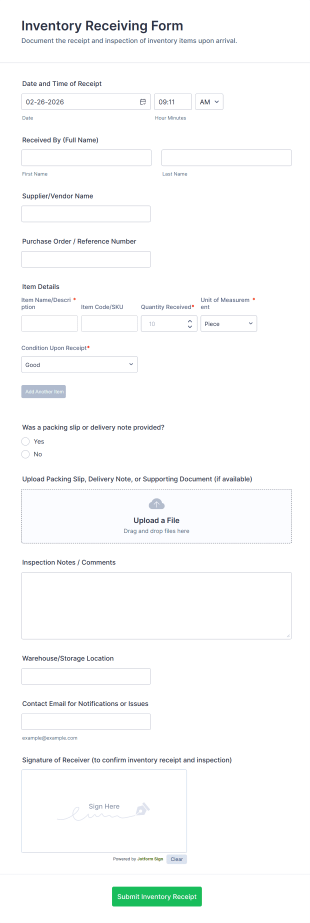Inventory Receiving Form Template
