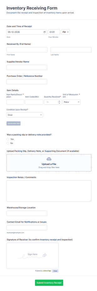 Inventory Receiving Form Template