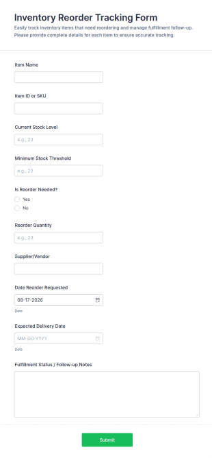 Inventory Reorder Tracking Form Template