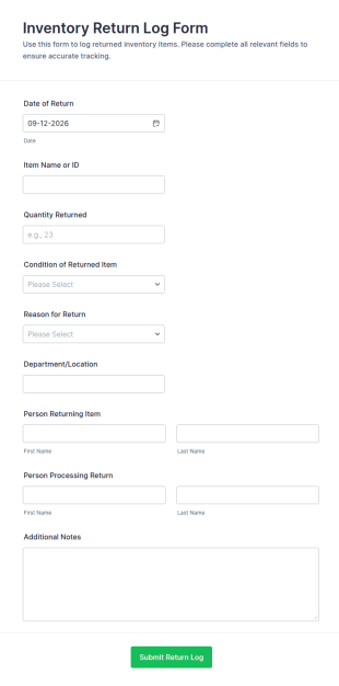 Inventory Return Log Form Template