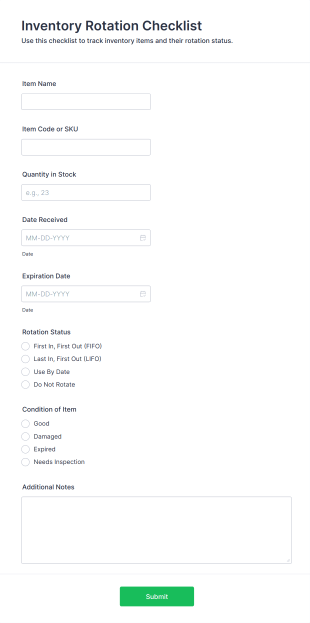 Inventory Rotation Checklist Form Template
