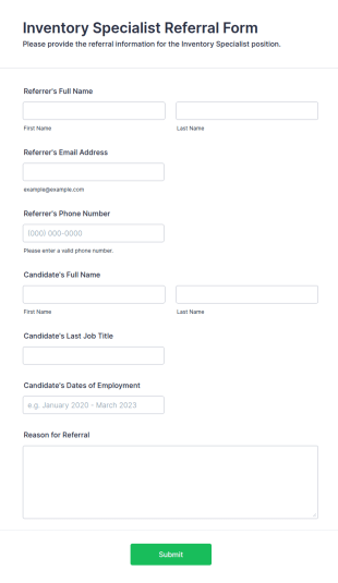 Inventory Specialist Referral Form Template