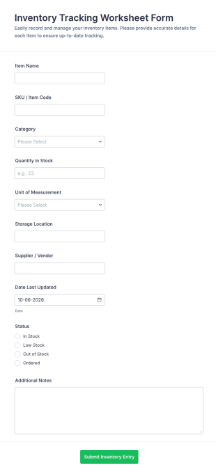 Inventory Tracking Worksheet Form Template