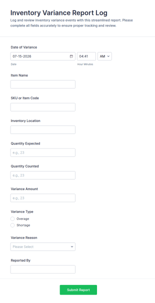 Inventory Variance Report Log Form Template