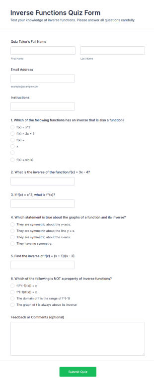Inverse Functions Quiz Form Template