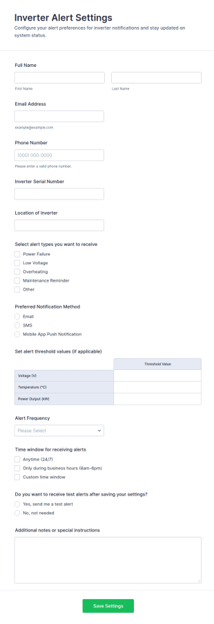 Inverter Alert Settings Form Template