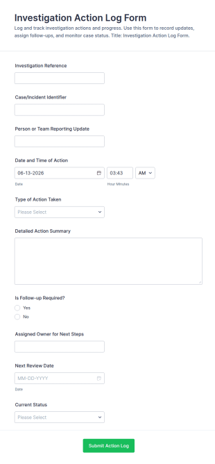 Investigation Action Log Form Template