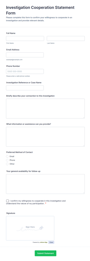 Investigation Cooperation Statement Form Template