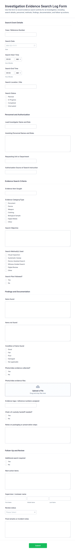 Investigation Evidence Search Log Form Template