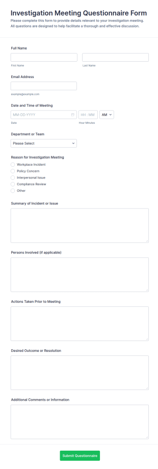 Investigation Meeting Questionnaire Form Template
