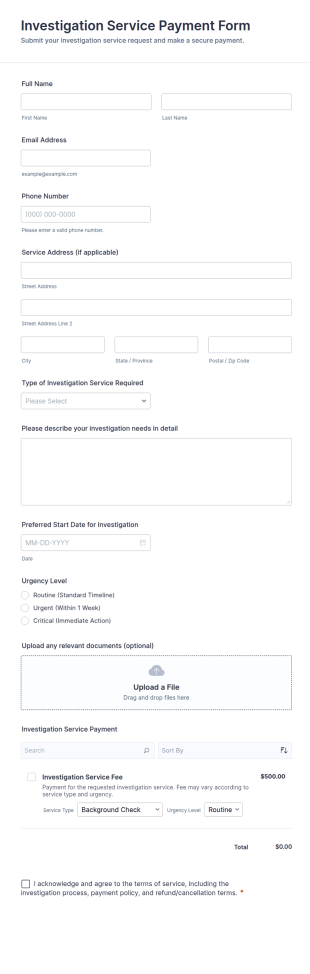 Investigation Service Payment Form Template