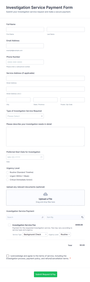 Investigation Service Payment Form Template