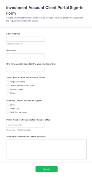 Investment Account Client Portal Sign In Form Template