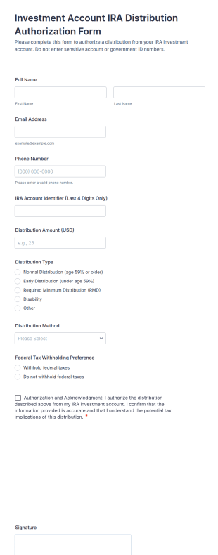 Investment Account IRA Distribution Authorization Form Template