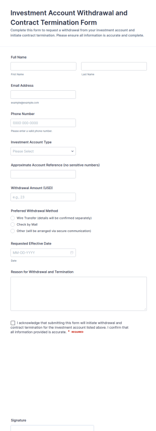 Investment Account Withdrawal And Contract Termination Form Template