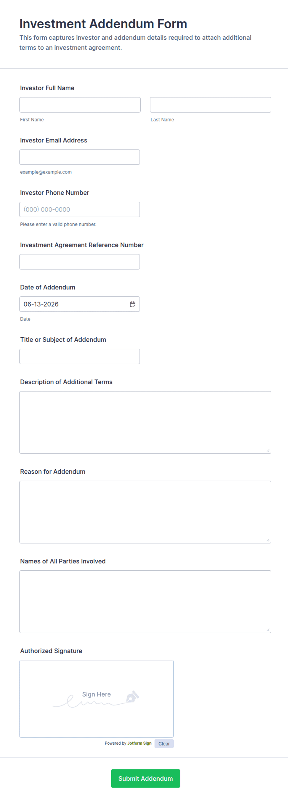 Investment Addendum Form Template | Jotform
