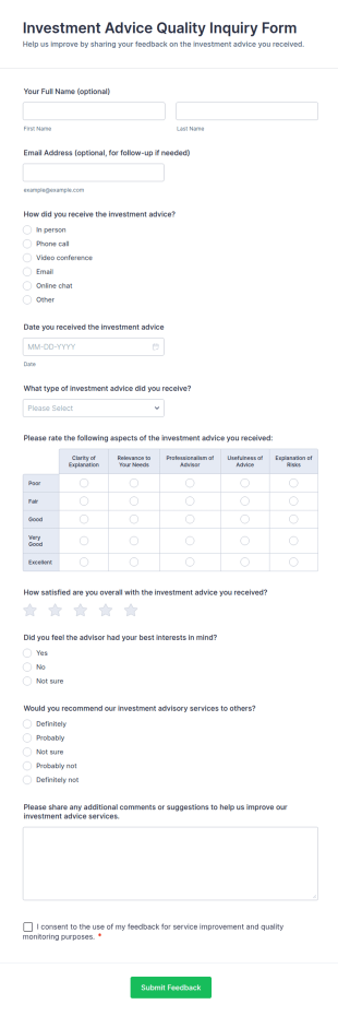 Investment Advice Quality Inquiry Form Template