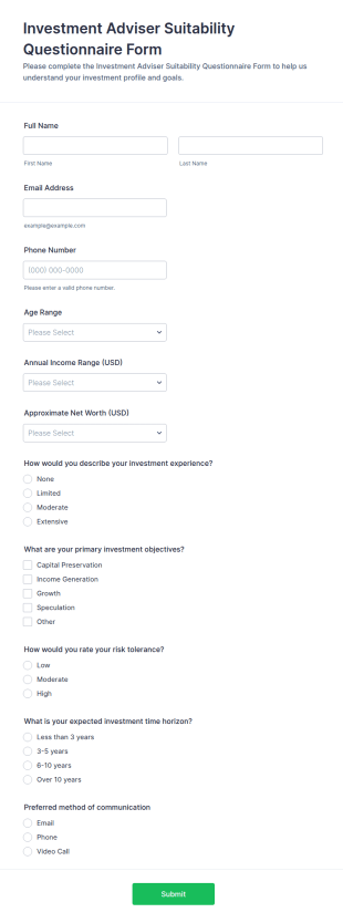 Investment Adviser Suitability Questionnaire Form Template