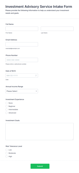 Investment Advisory Service Intake Form Form Template