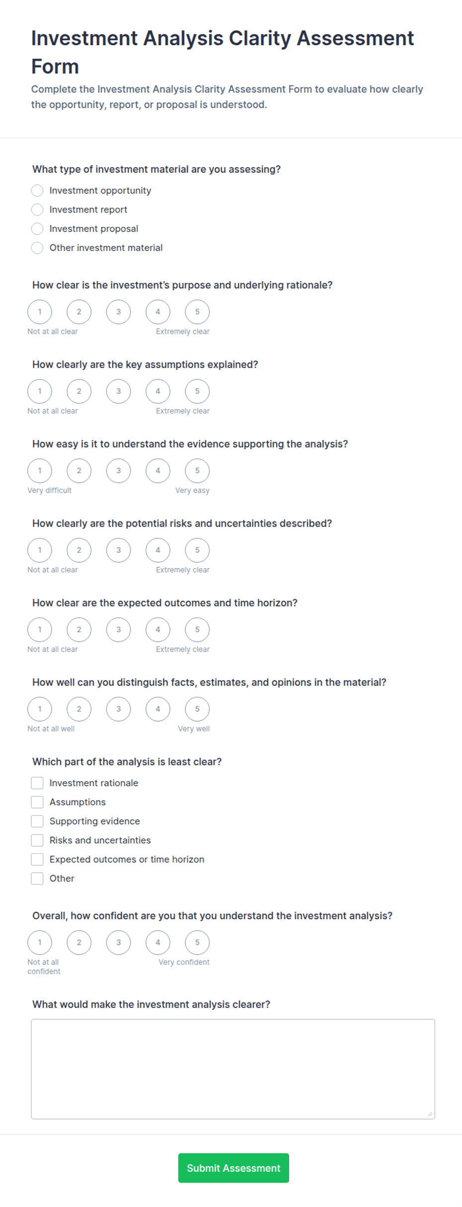 Investment Analysis Clarity Assessment Form Template | Jotform