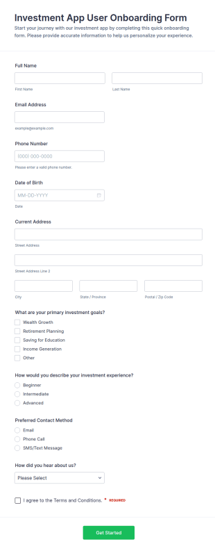 Investment App User Onboarding Form Template