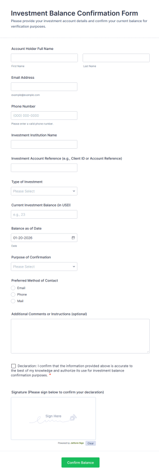Investment Balance Confirmation Form Template