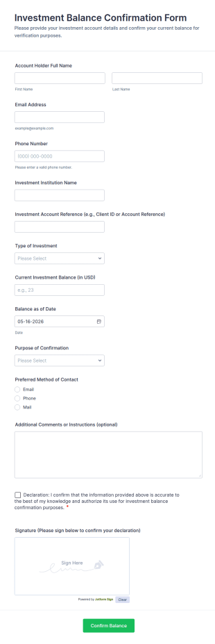Investment Balance Confirmation Form Template