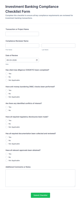 Investment Banking Compliance Checklist Form Template