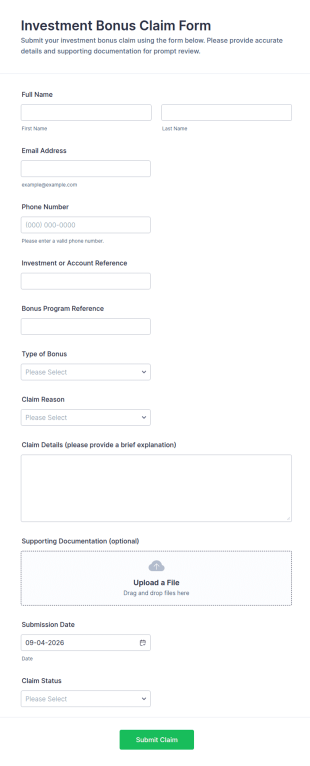 Investment Bonus Claim Form Template