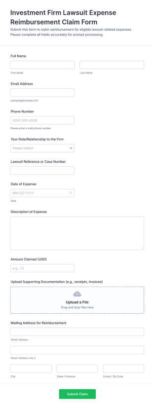 Investment Firm Lawsuit Expense Reimbursement Claim Form Template