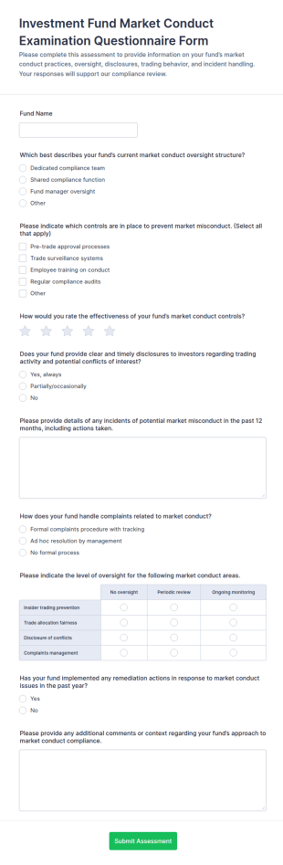 Investment Fund Market Conduct Examination Questionnaire Form Template