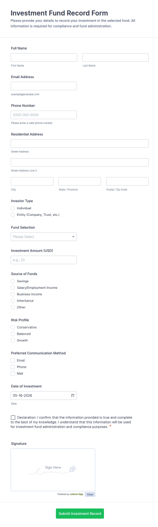Investment Fund Record Form Template
