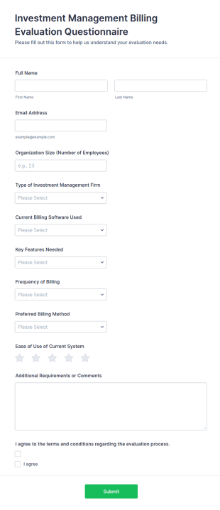 Investment Management Billing Evaluation Questionnaire Form Template