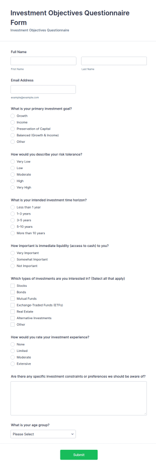 Investment Objectives Questionnaire Form Template
