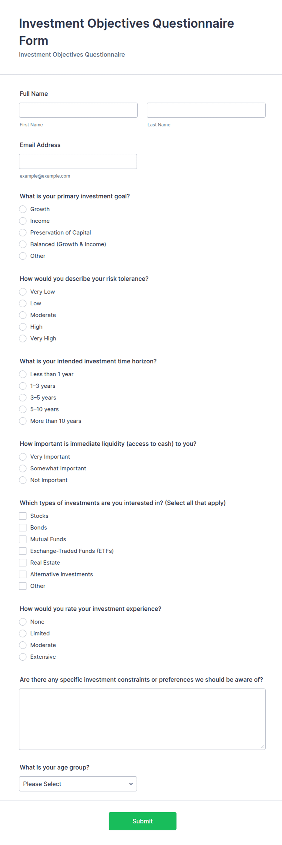 Investment Objectives Questionnaire Form Template | Jotform