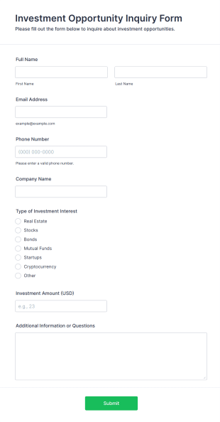Investment Opportunity Inquiry Form Form Template
