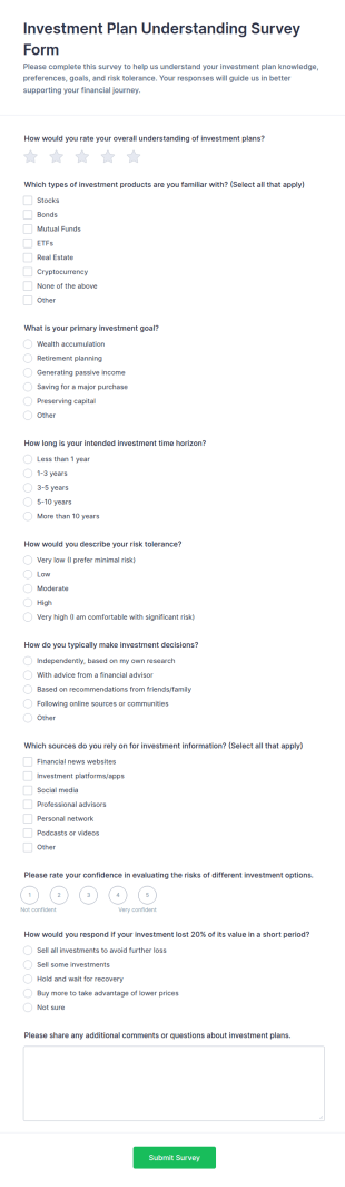 Investment Plan Understanding Survey Form Template