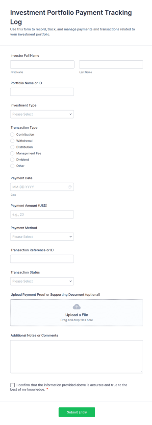 Investment Portfolio Payment Tracking Log Form Template
