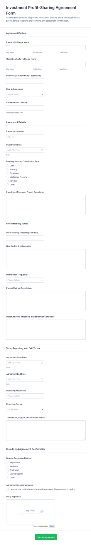 Investment Profit Sharing Agreement Form Template