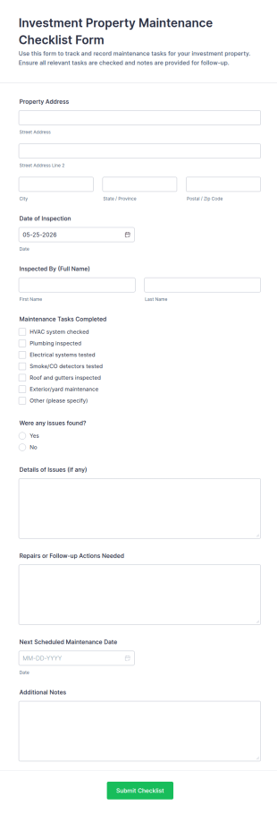Investment Property Maintenance Checklist Form Template
