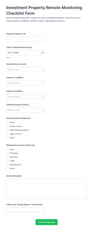 Investment Property Remote Monitoring Checklist Form Template