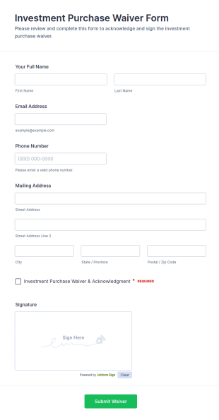 Investment Purchase Waiver Form Template