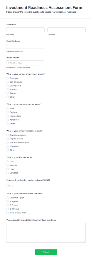 Investment Readiness Assessment Form Form Template