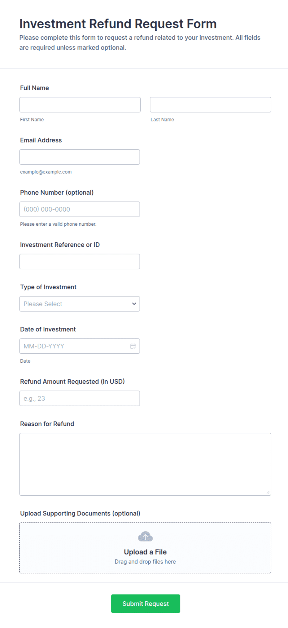 Investment Refund Request Form Template | Jotform