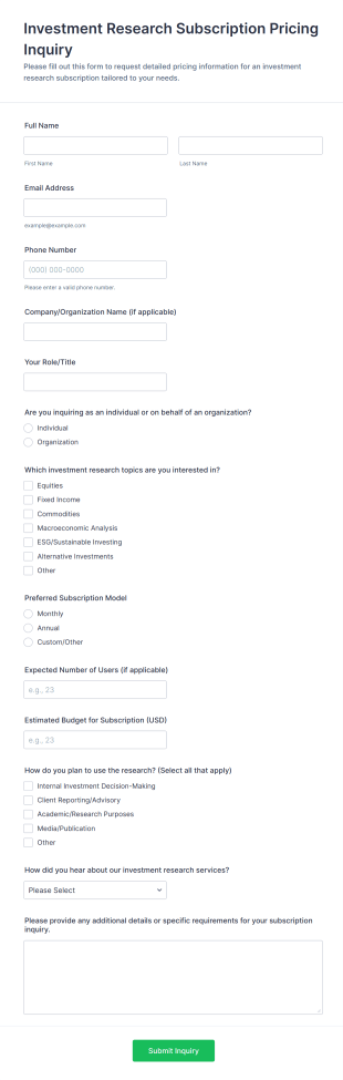 Investment Research Subscription Pricing Inquiry Form Template