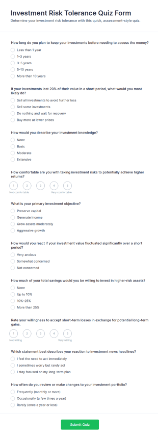 Investment Risk Tolerance Quiz Form Template