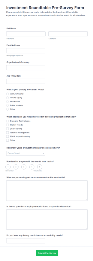 Investment Roundtable Pre Survey Form Template