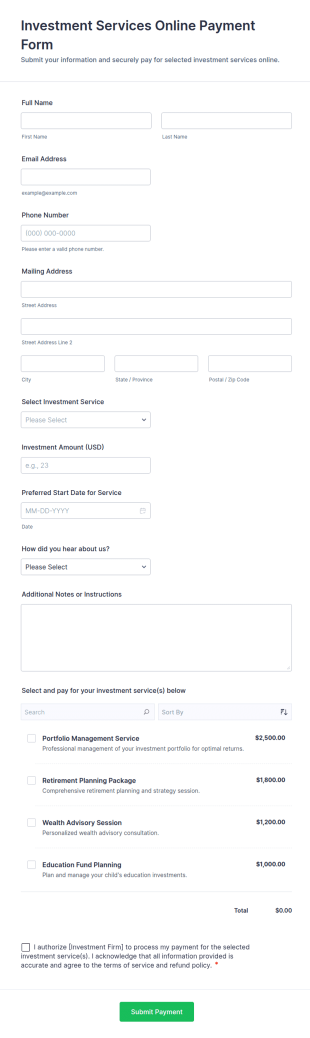 Investment Services Online Payment Form Template